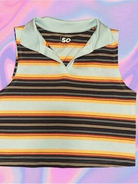 SO Sleeveless Striped Polo Crop Top - Mint, Black & Yellow